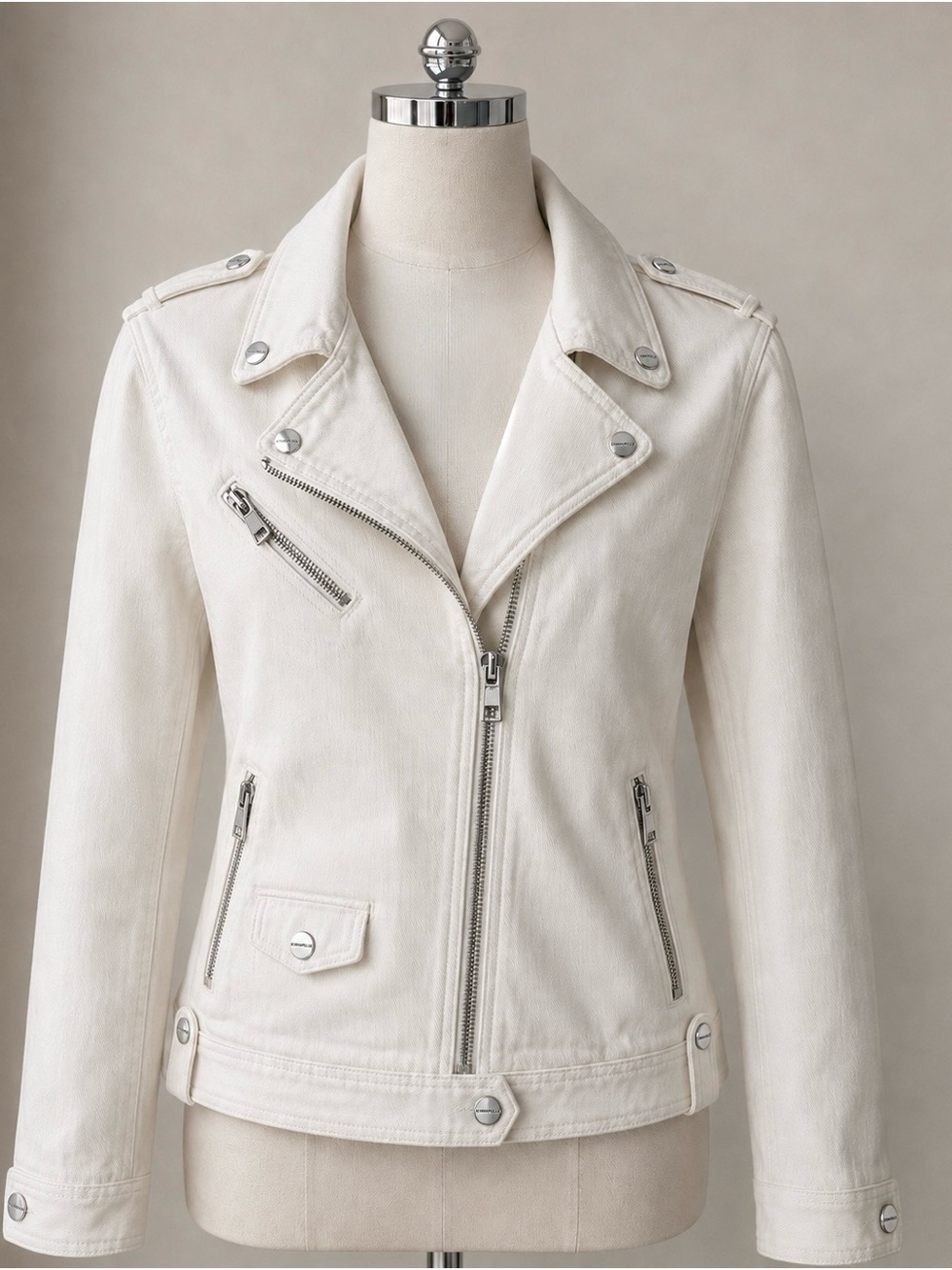 Rino & Pelle White Denim Moto Jacket Y2K Biker Chrome Hardware EU 38 / US 6